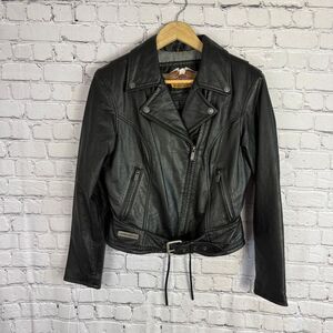 Harley Davidson Womens Leather Motorcycle Jacket Rare Metal Logo Detailing Size